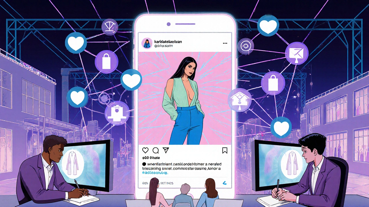 Illustration of a Kardashian Instagram post spreading likes and comments to designers and fashion factories.
