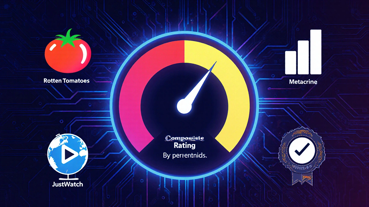 Illustration of a rating dashboard with icons for Rotten Tomatoes, Metacritic, JustWatch, and Consumer Reports feeding a composite gauge.