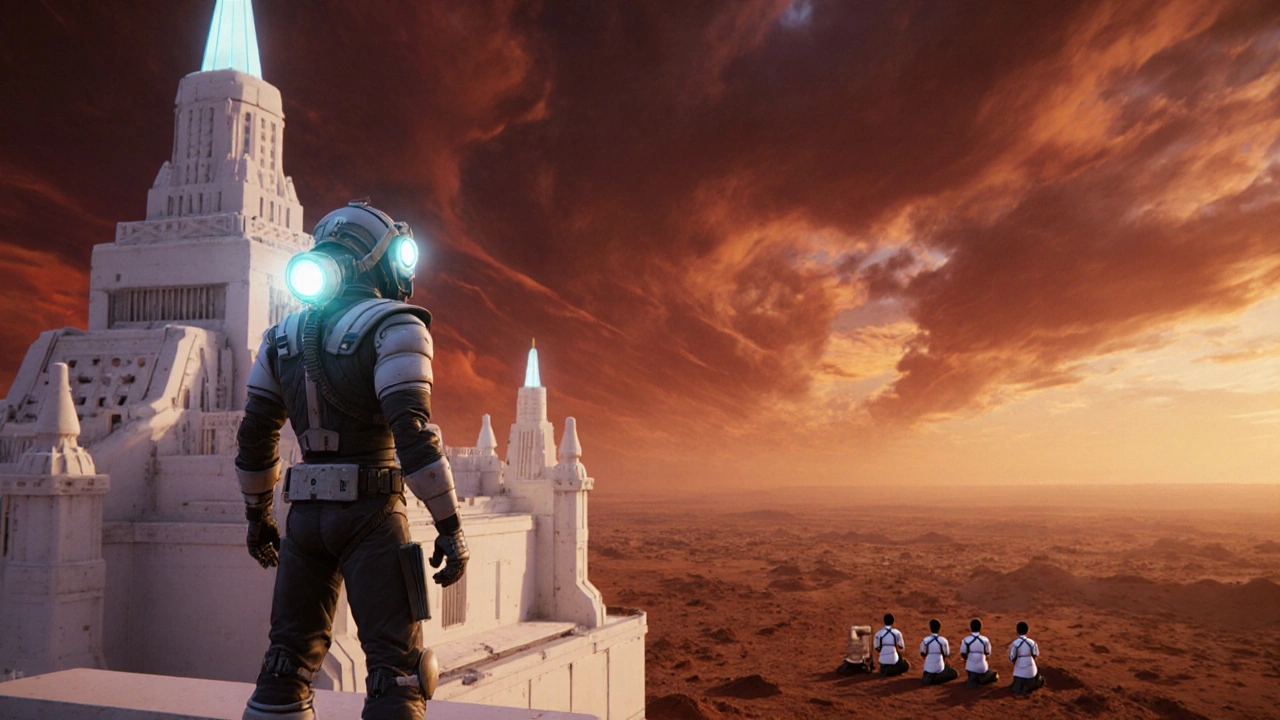 Immortan Joe atop a white citadel overlooking a barren orange desert, War Boys praying below in the sunrise.