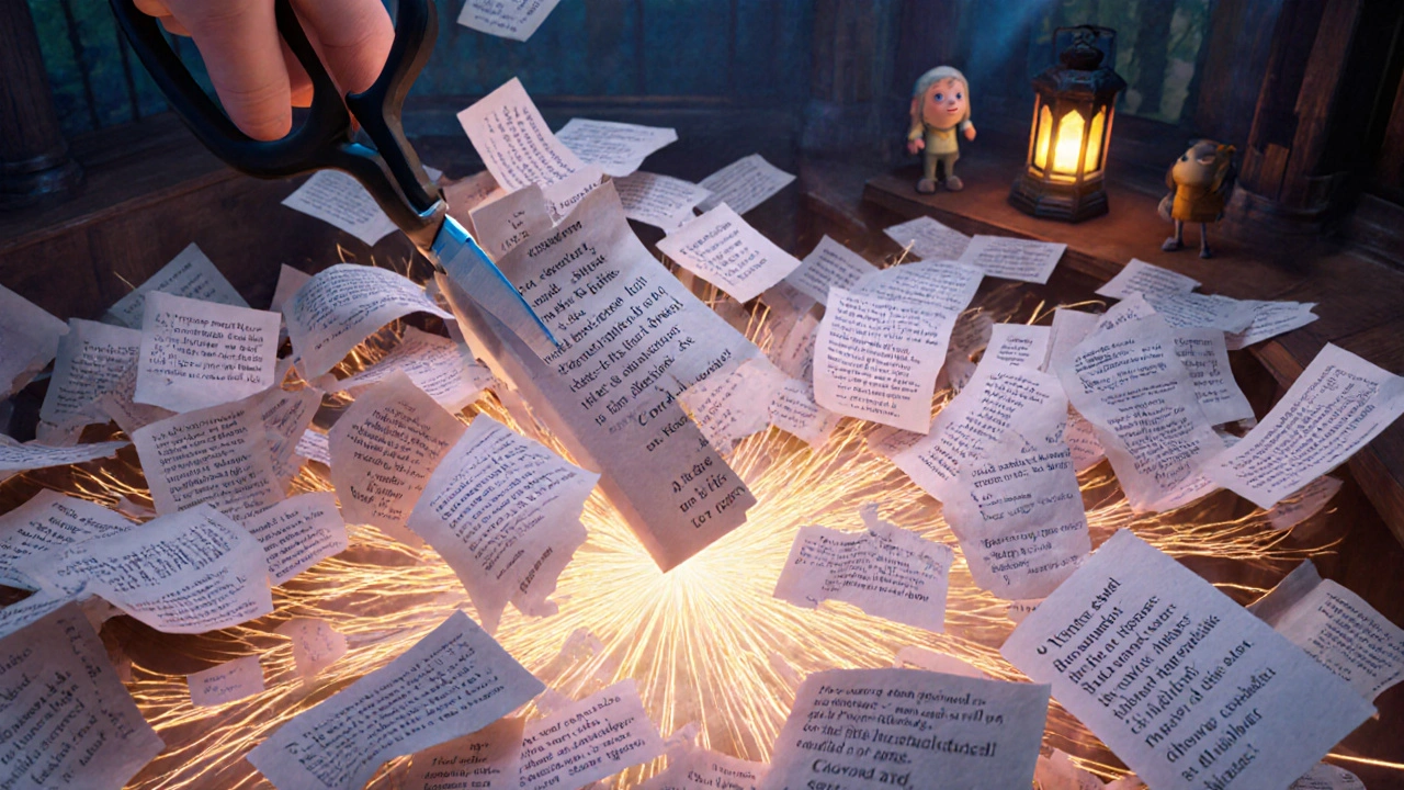 Ink scissors cutting through plot summaries as ideas form a glowing web of meaning.