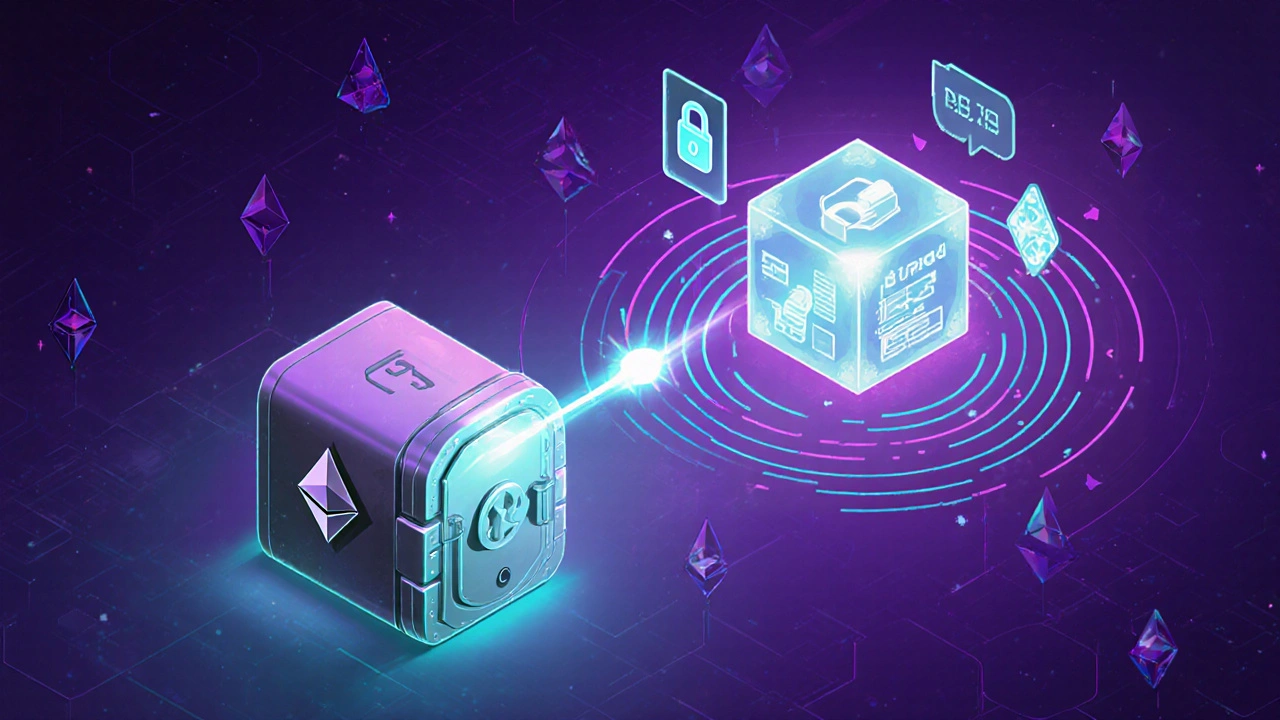 Isometric view of a wallet signing a transaction, node validation, and network propagation.