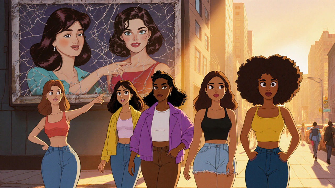 Modern women walking past a fading Pretty Woman billboard in the city.