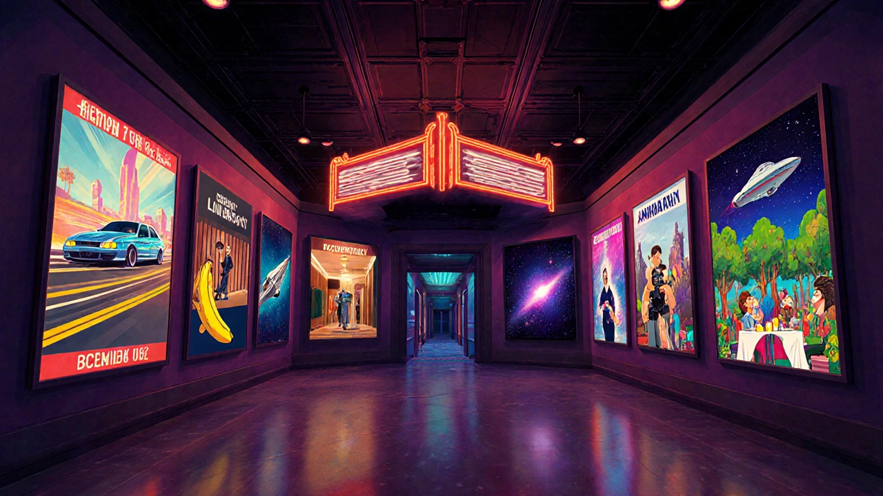 Movie theater lobby with genre poster displays for action, comedy, drama, horror, sci‑fi, documentary, animation, romance.