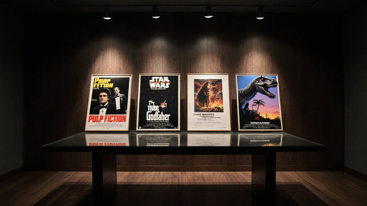 Museum table displays five iconic movie posters under dramatic lighting.