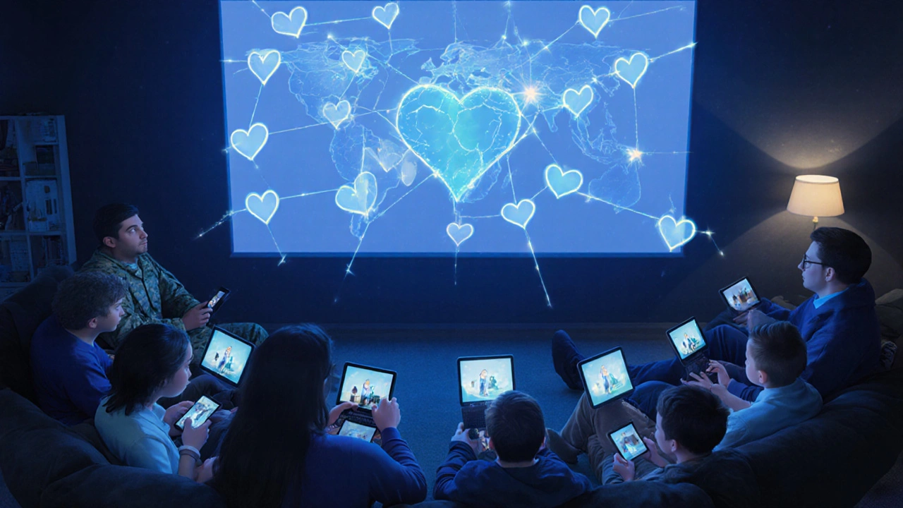 People around the world watching the same movie, their hearts connected by glowing constellations across time zones.