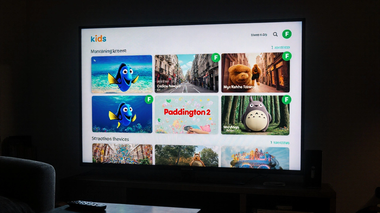 Photo of a TV screen displaying movie thumbnails with tiny green F icons in a family’s living room.