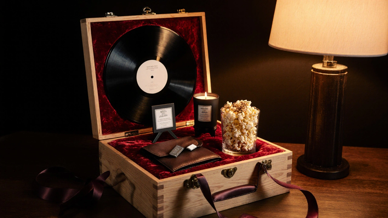 Premium wooden crate interior lined with velvet, holding vinyl, candle, and gourmet popcorn.