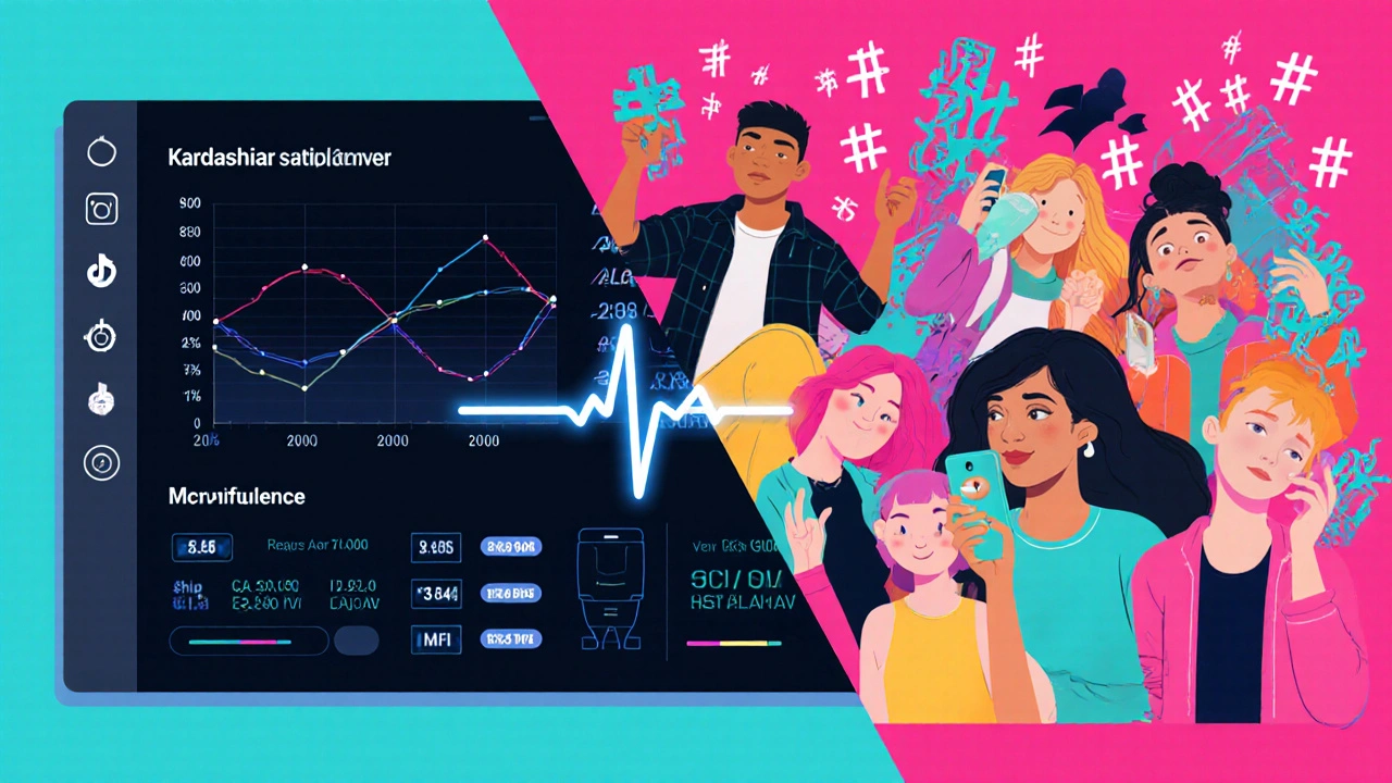 Split-screen shows declining stats on left and vibrant TikTok creators on right.