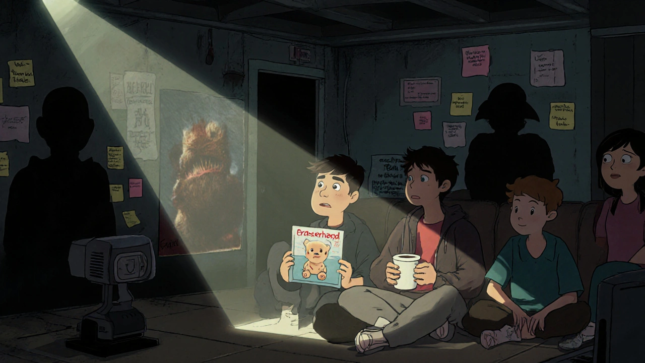 Students watching Eraserhead in a basement, surrounded by fan art and surreal shadows, lit by a flickering projector.