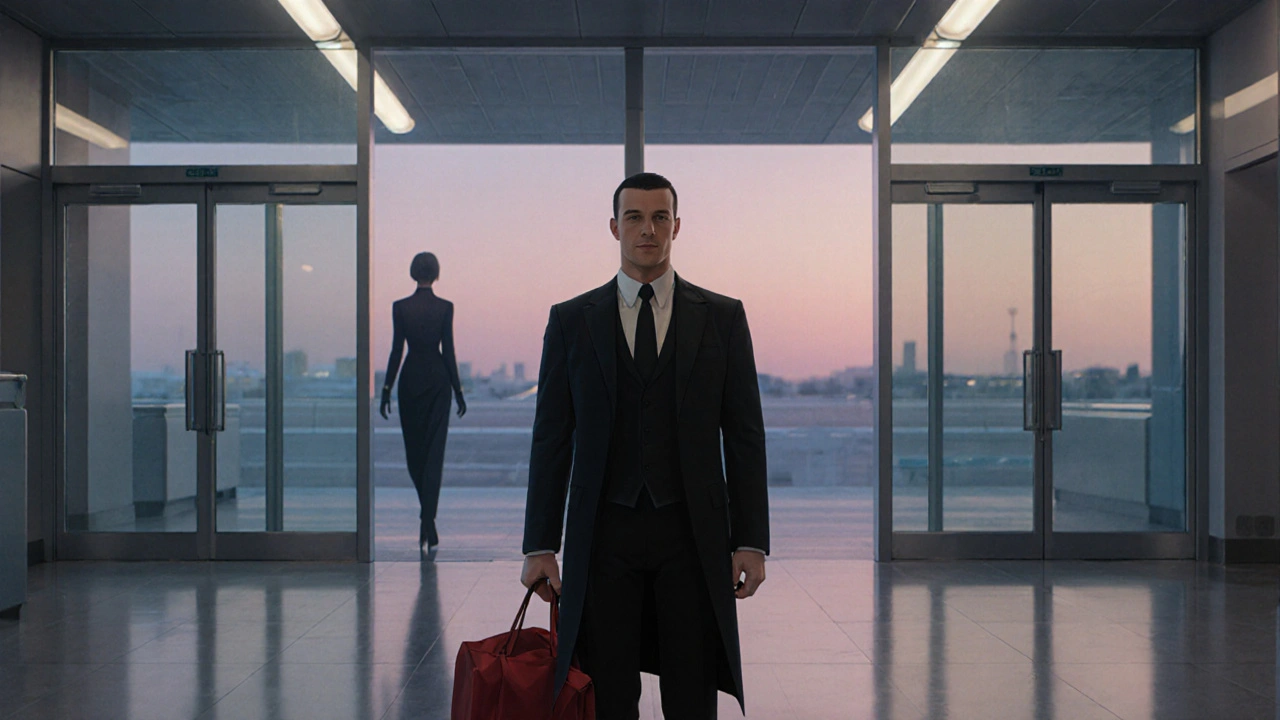 The assassin stands alone in an empty airport as a mysterious figure watches from afar, the moment his control begins to slip.