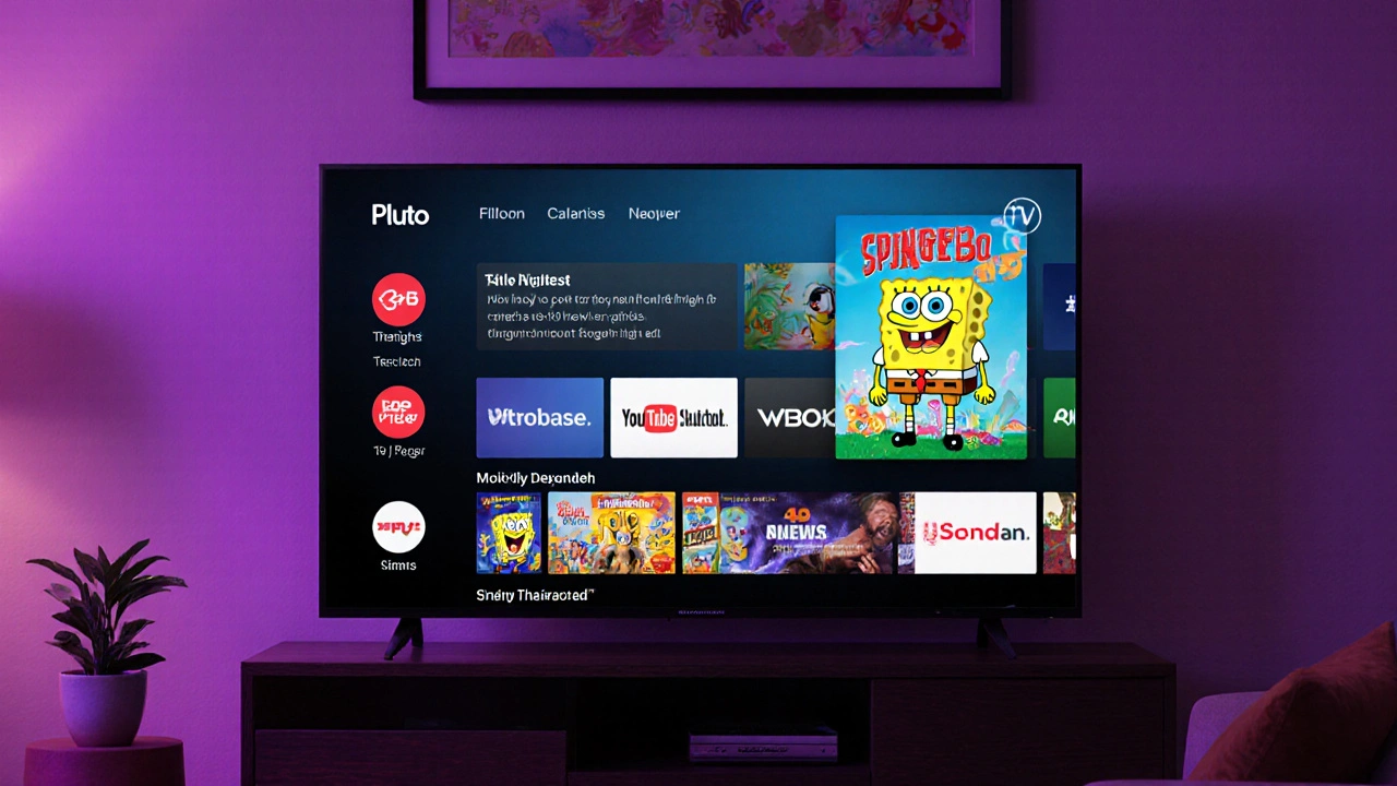 TV showing Pluto TV guide with movie, cartoon, news, and small ad overlay.