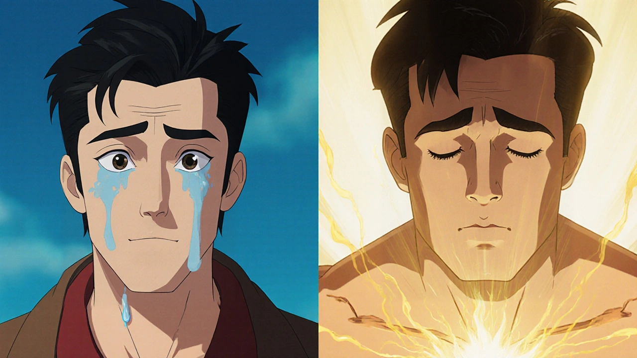 Two actors side by side: one with fake tears and stiff face, the other with authentic, full-body grief.