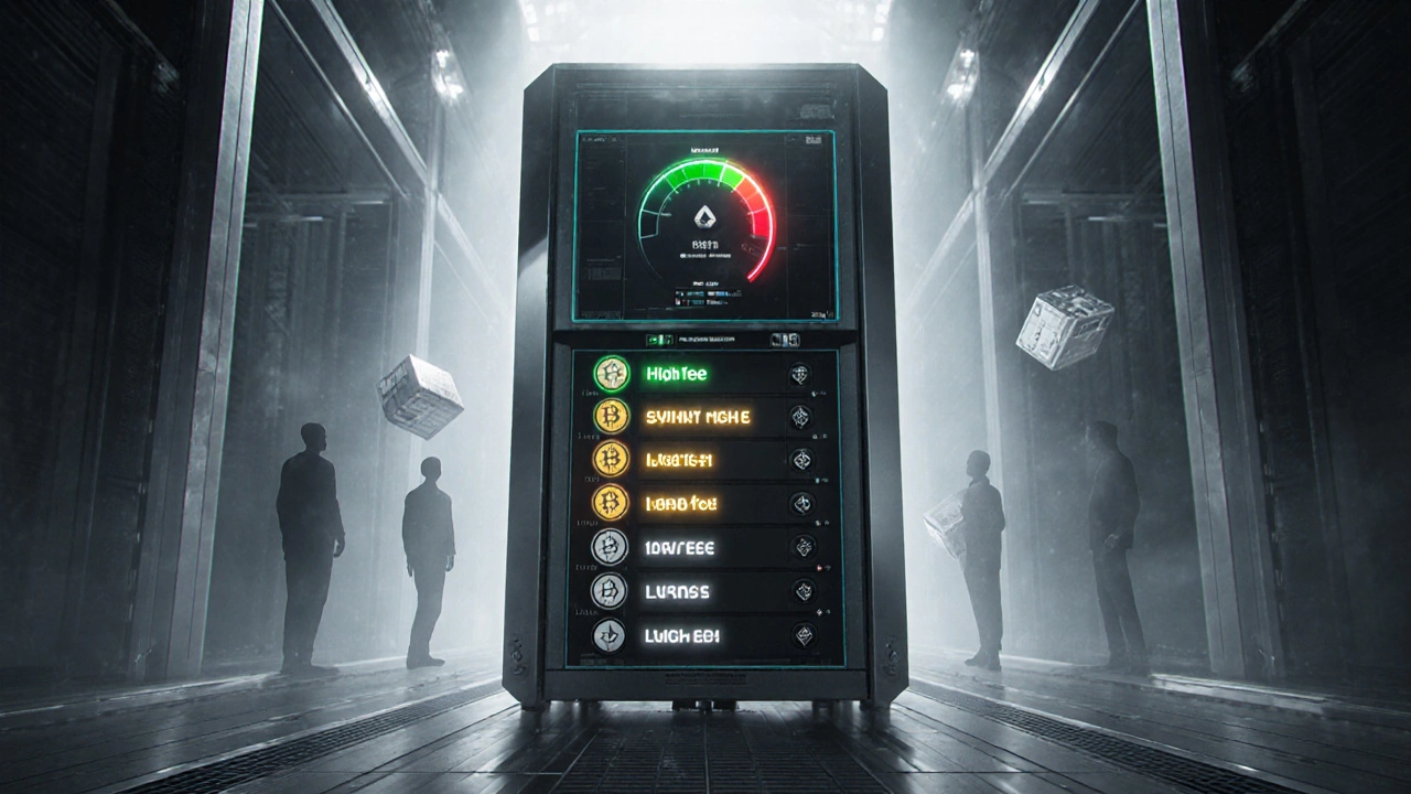 Validator assembling a block from sorted transactions with a gas fee meter and futuristic upgrades.