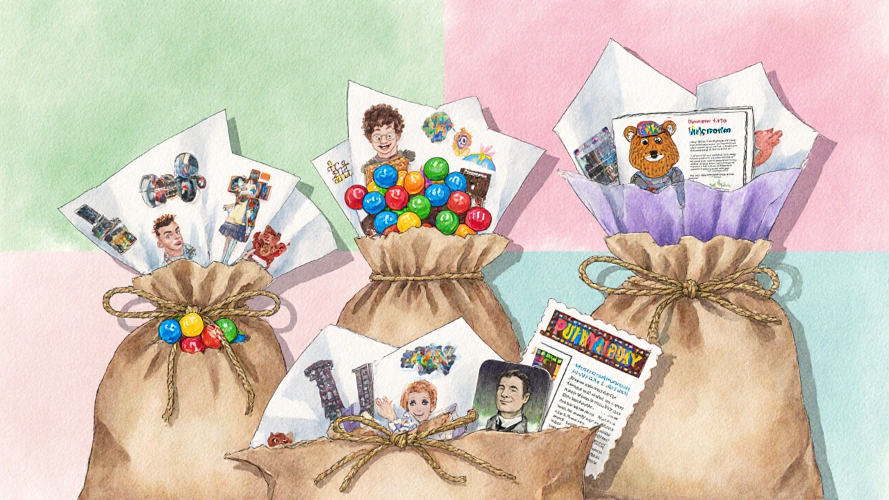 Watercolor spread of budget-friendly movie bags with candy, stickers, and trivia cards.