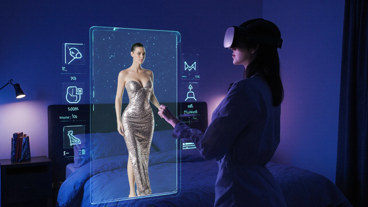 Woman in a bedroom tries on a Kardashian AR dress, with holographic fashion data surrounding her.