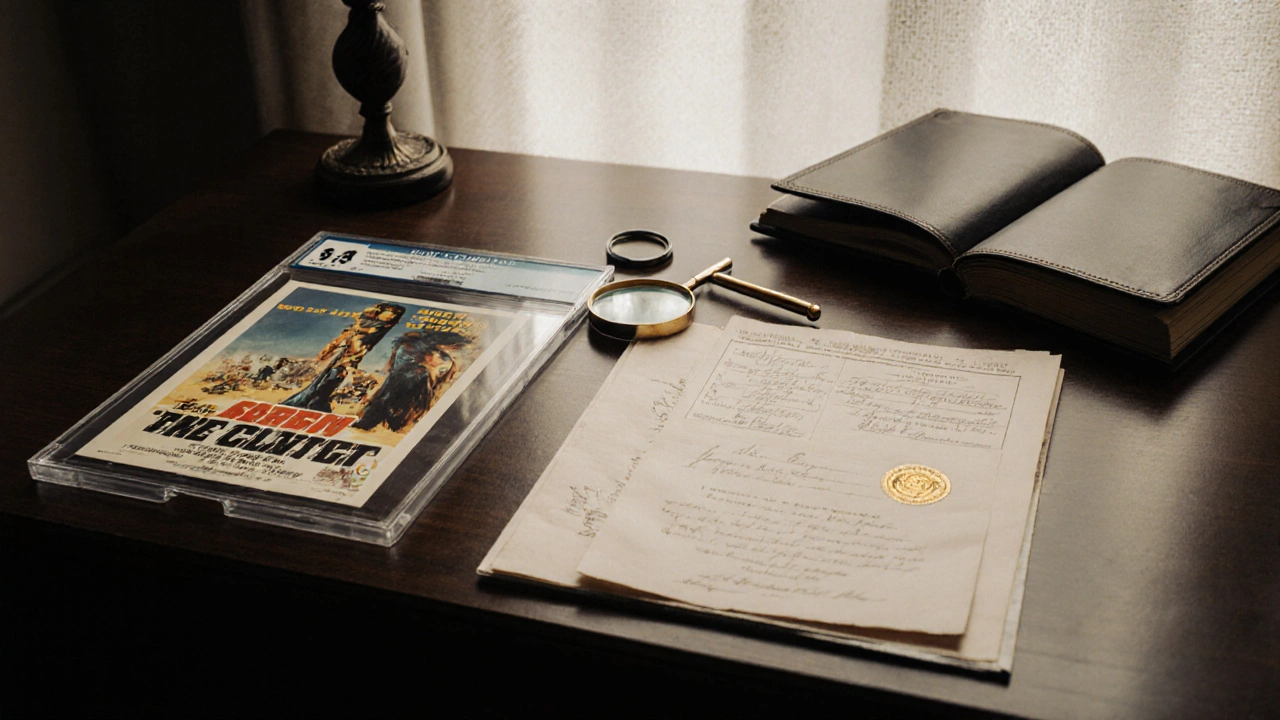 Workstation shows a protected poster, grading certificate, and magnifying glass.