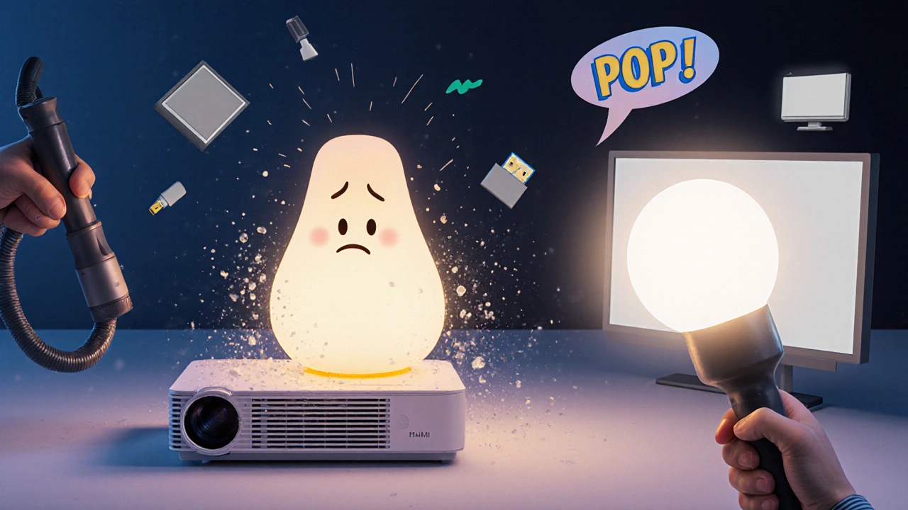 A cartoon projector lamp being cleaned and replaced with a cheerful new LED bulb.