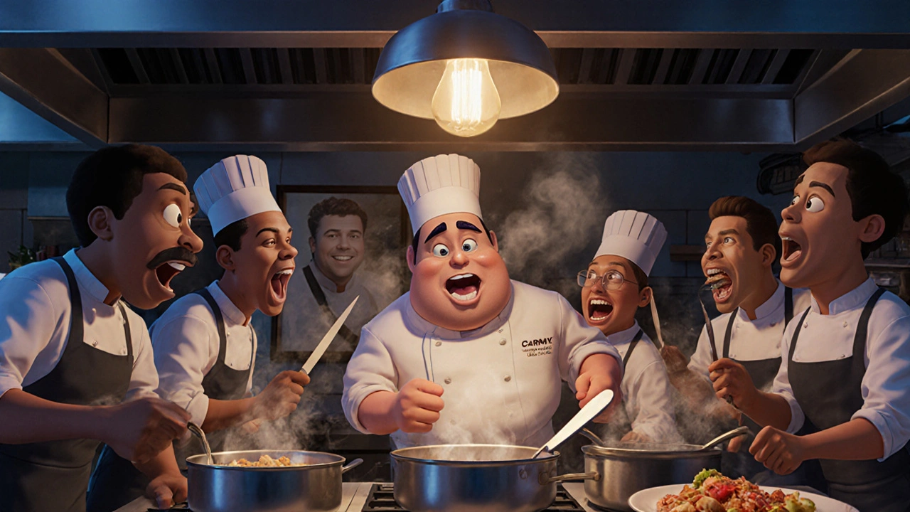 A chef in a bustling kitchen, steam and light around him, team working intensely.