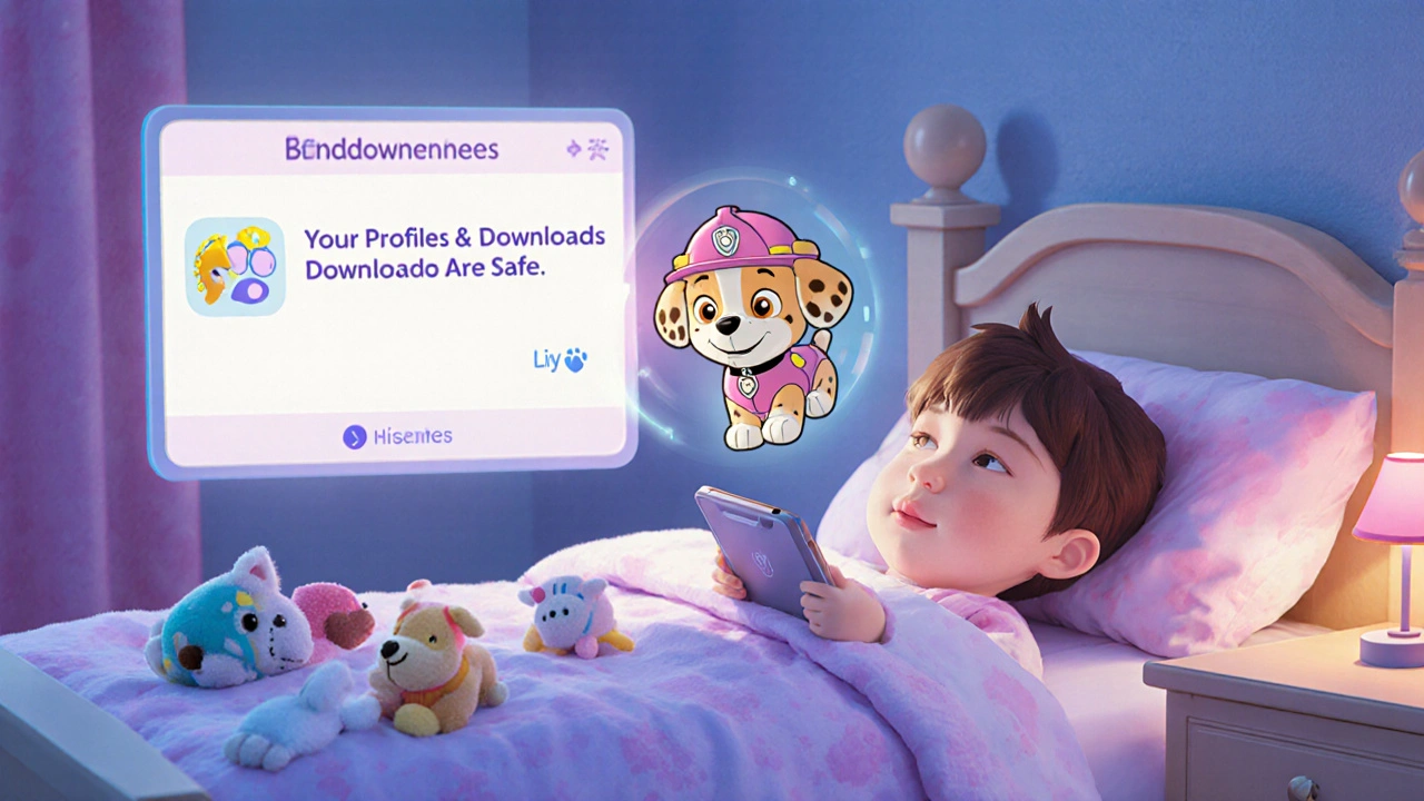 A child sleeping peacefully as a cartoon plays on a tablet with their profile icon glowing nearby.