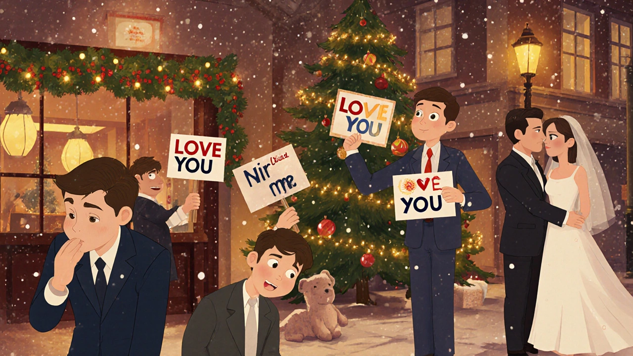 A Christmas scene in London with multiple couples sharing quiet moments under twinkling lights.