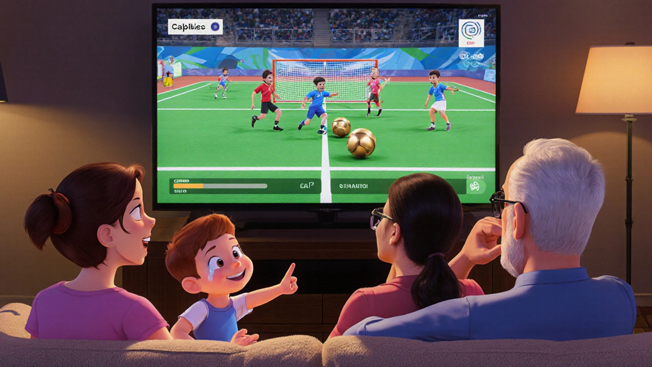 A family watching goalball on TV together, with captions visible on screen, in cozy home setting.