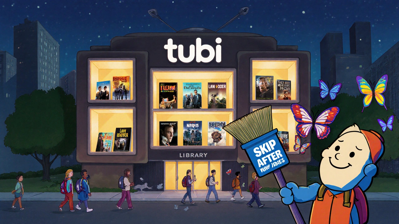 A giant TV-shaped library building with miniature movie scenes visible through its windows.