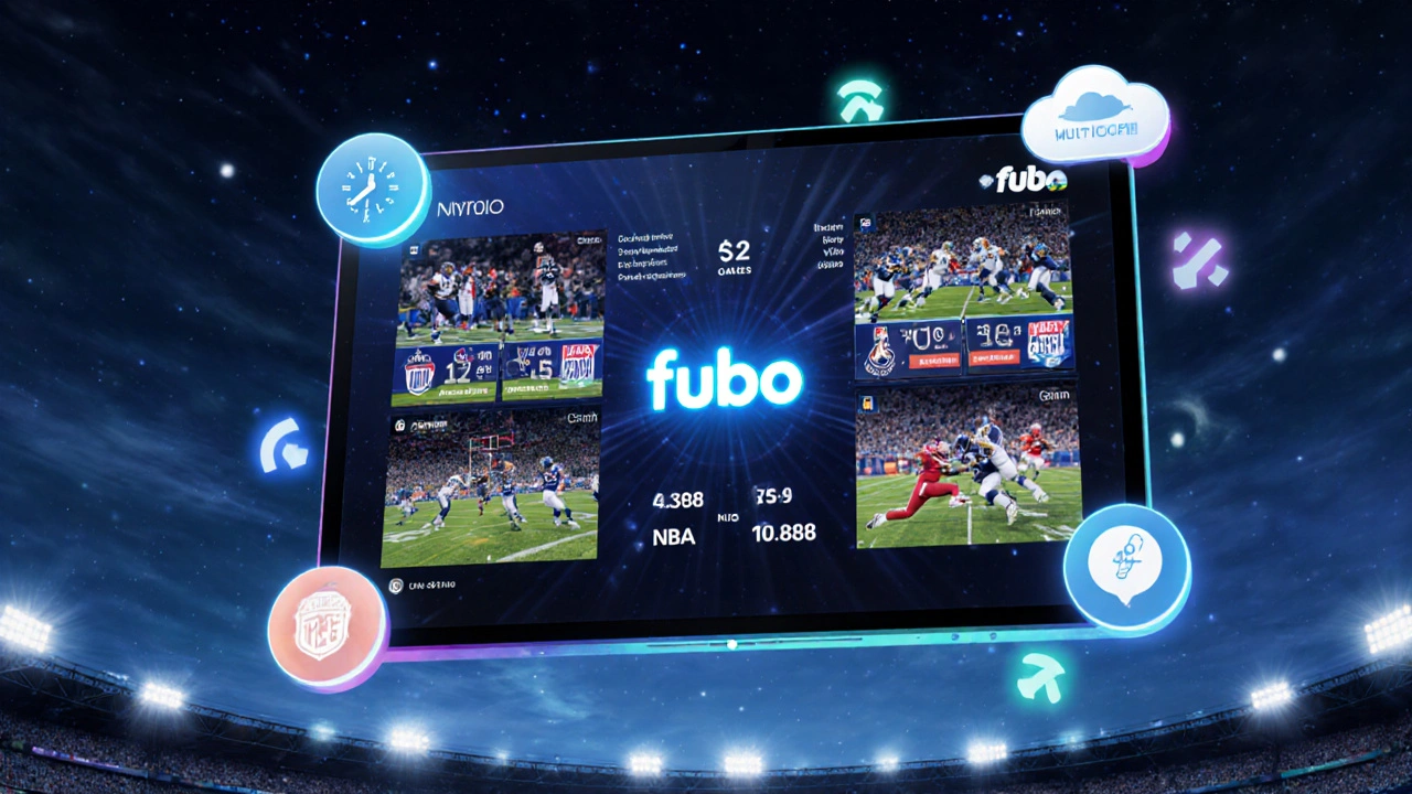 A glowing Fubo dashboard hovers with live sports feeds and infinite DVR cloud above a twilight skyline.