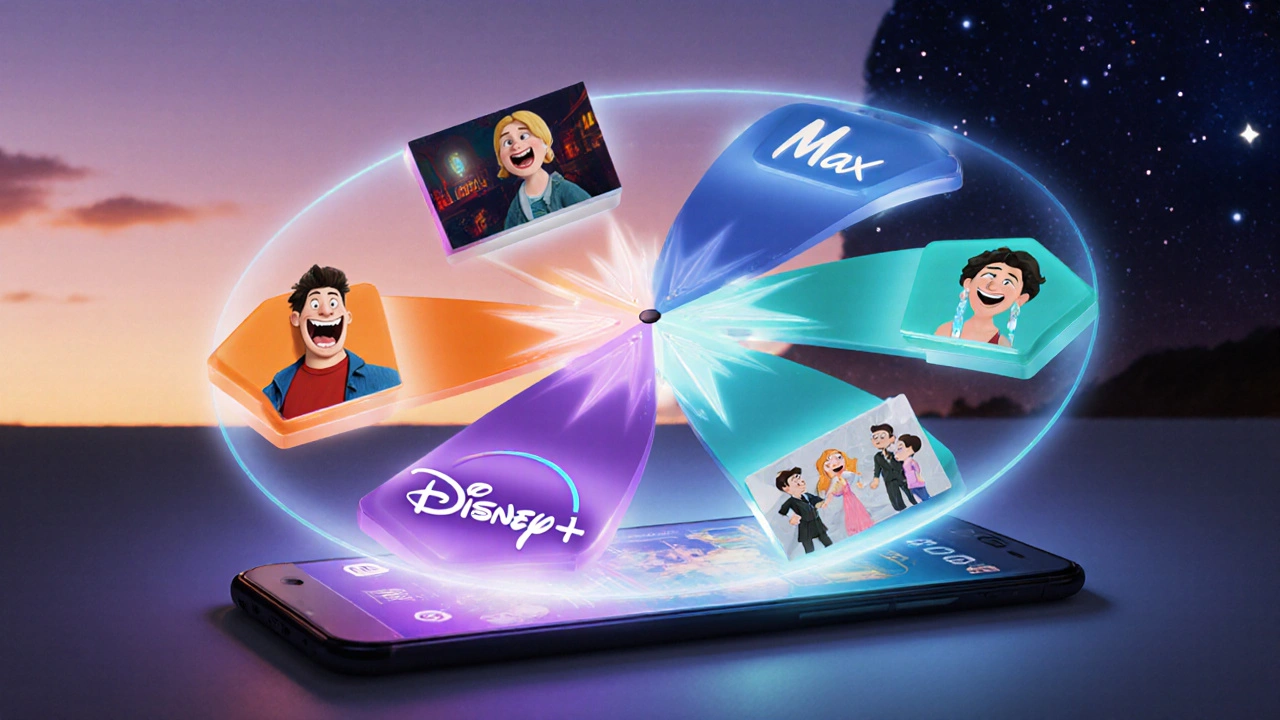 A glowing mood compass above a phone screen, pointing to streaming platforms with tiny scenes of emotional viewing.