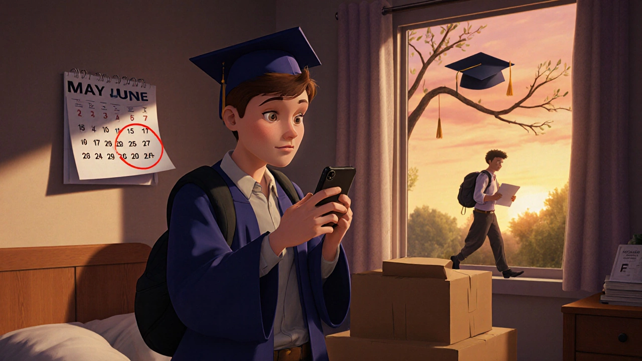 A graduate receives a 30-day notice while packing up their dorm room.