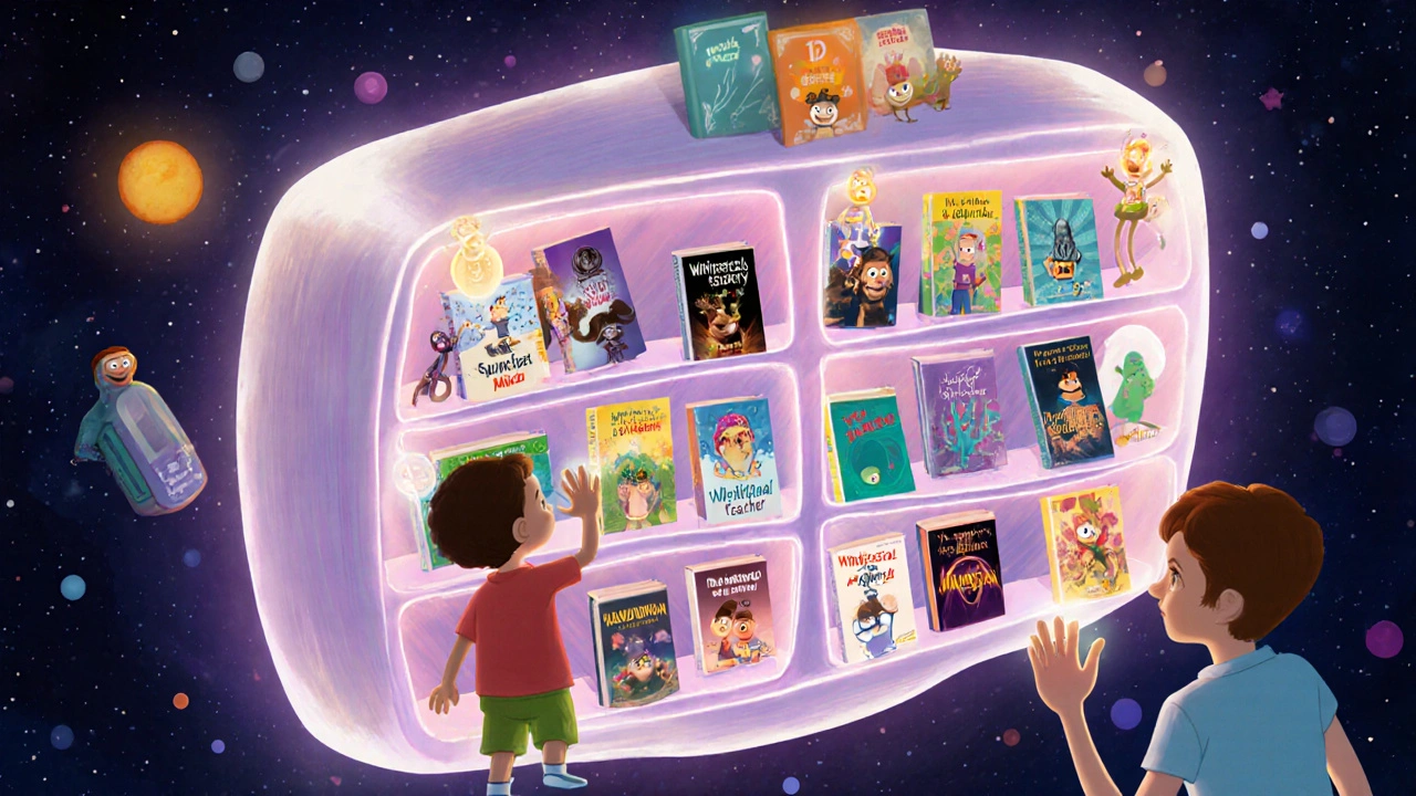 A magical floating library with mood-based shelves and animated show characters waving from each section.
