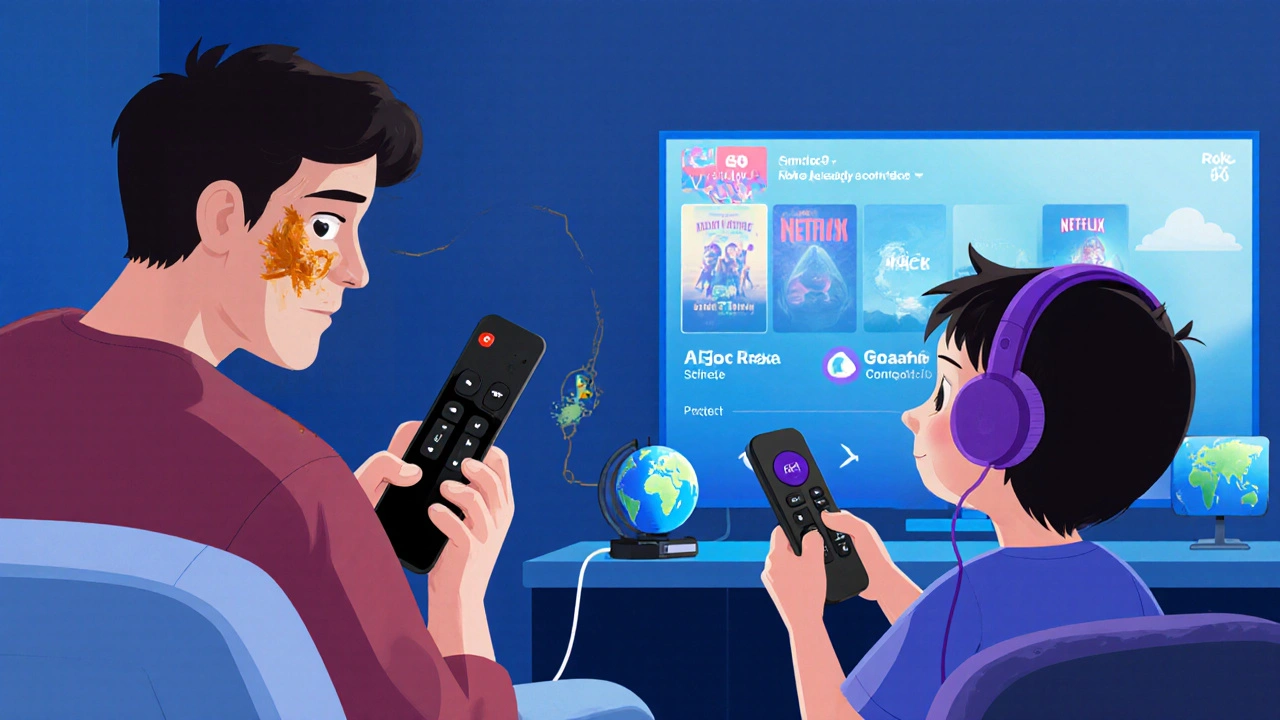 A parent struggling with Apple TV&#039;s touchpad remote while a child easily uses Roku&#039;s button remote, Pixar-style illustration.