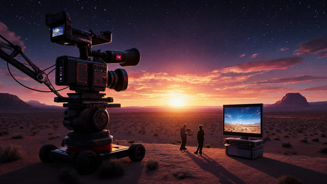 A RED V-RAPTOR camera capturing a vibrant sunset over a desert, with crew in silhouette watching rich 8K footage.