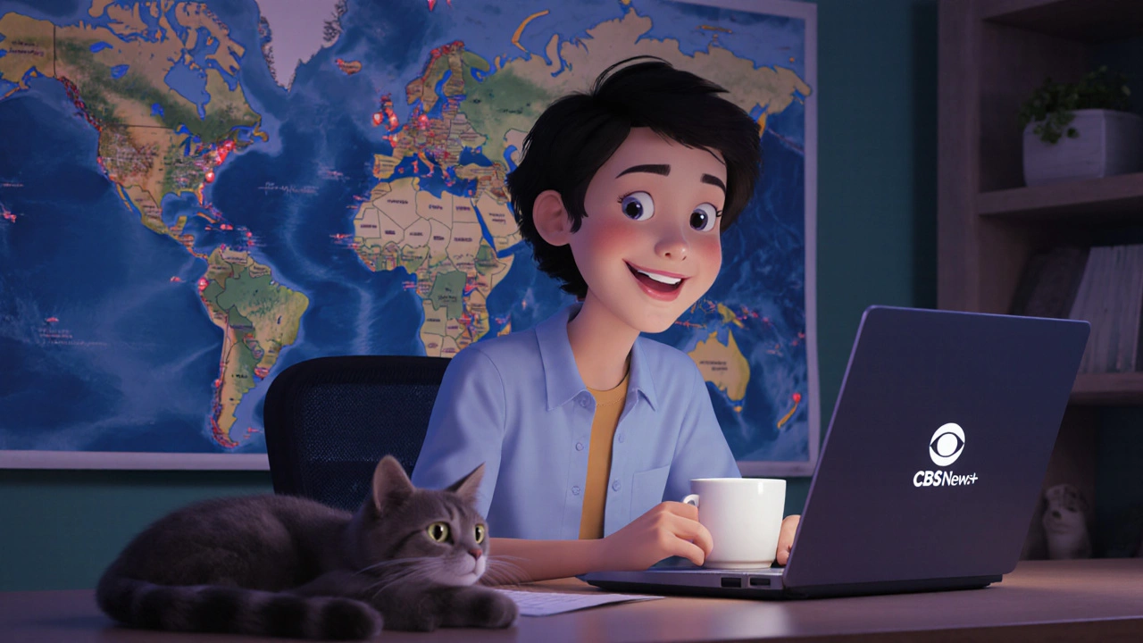 A remote worker watches CBS News on their laptop while drinking coffee, a world map and cat beside them.