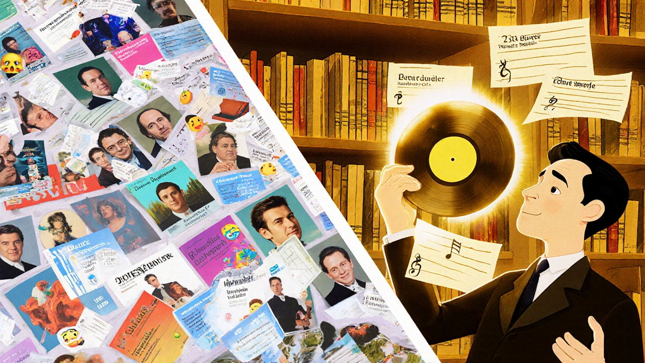 A split scene contrasts chaotic pop playlists with a precise classical library featuring detailed recording metadata.