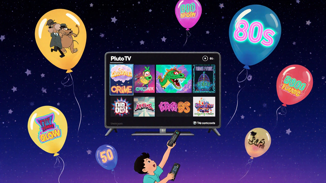 A starry sky with colorful animated TV channel balloons, a child reaching for one with a remote.