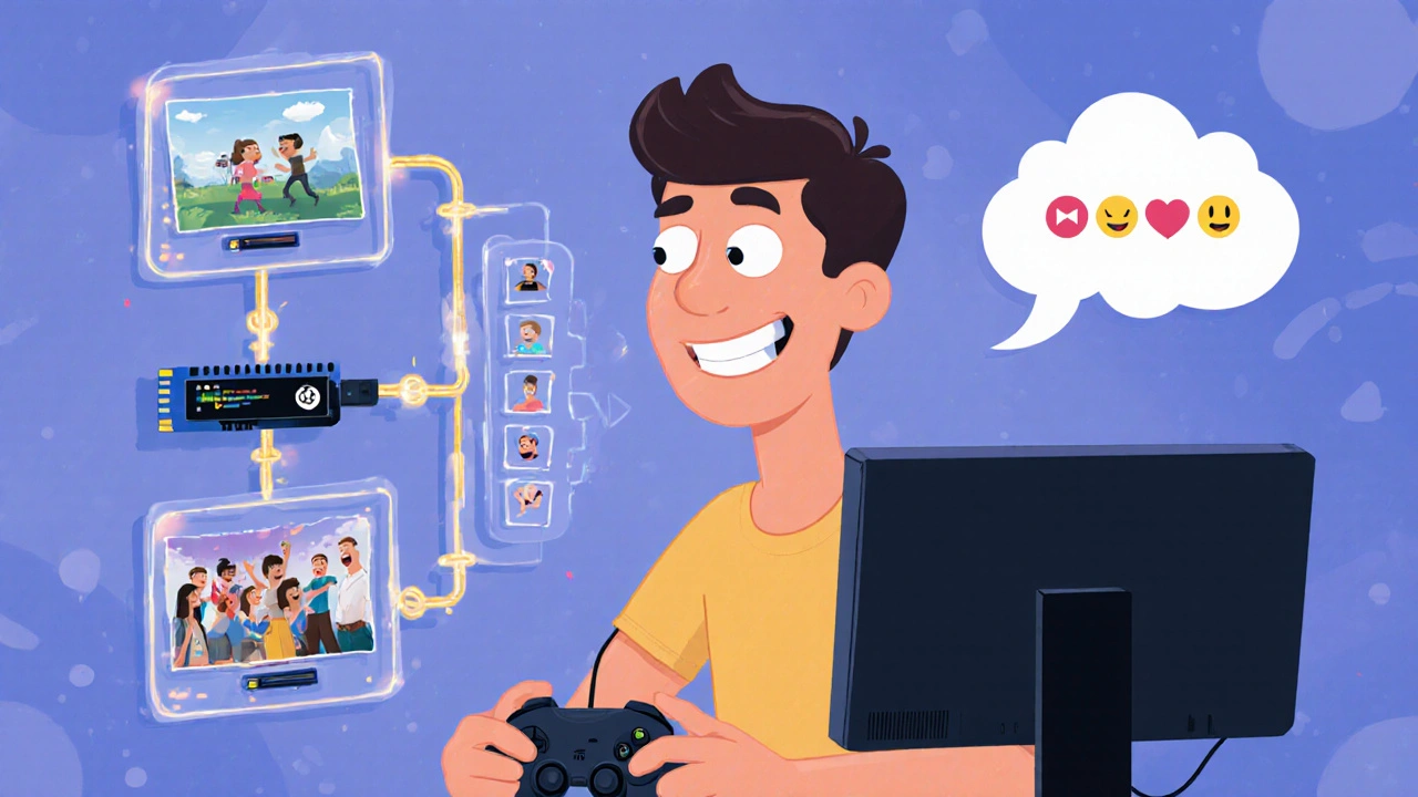 A streamer activating a scene switch, with a glowing holographic workflow showing data moving from game to audience.