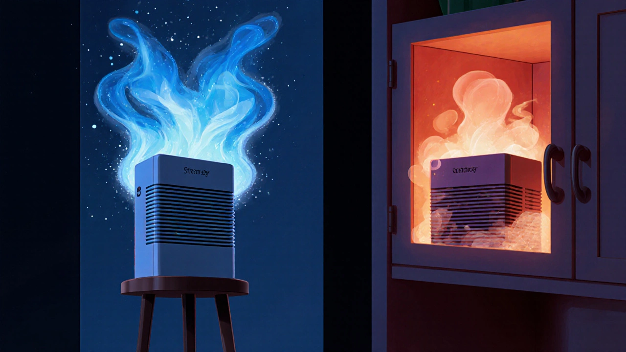 A streaming box in a vertical stand with cool air flowing, next to an overheated one trapped in a cabinet.