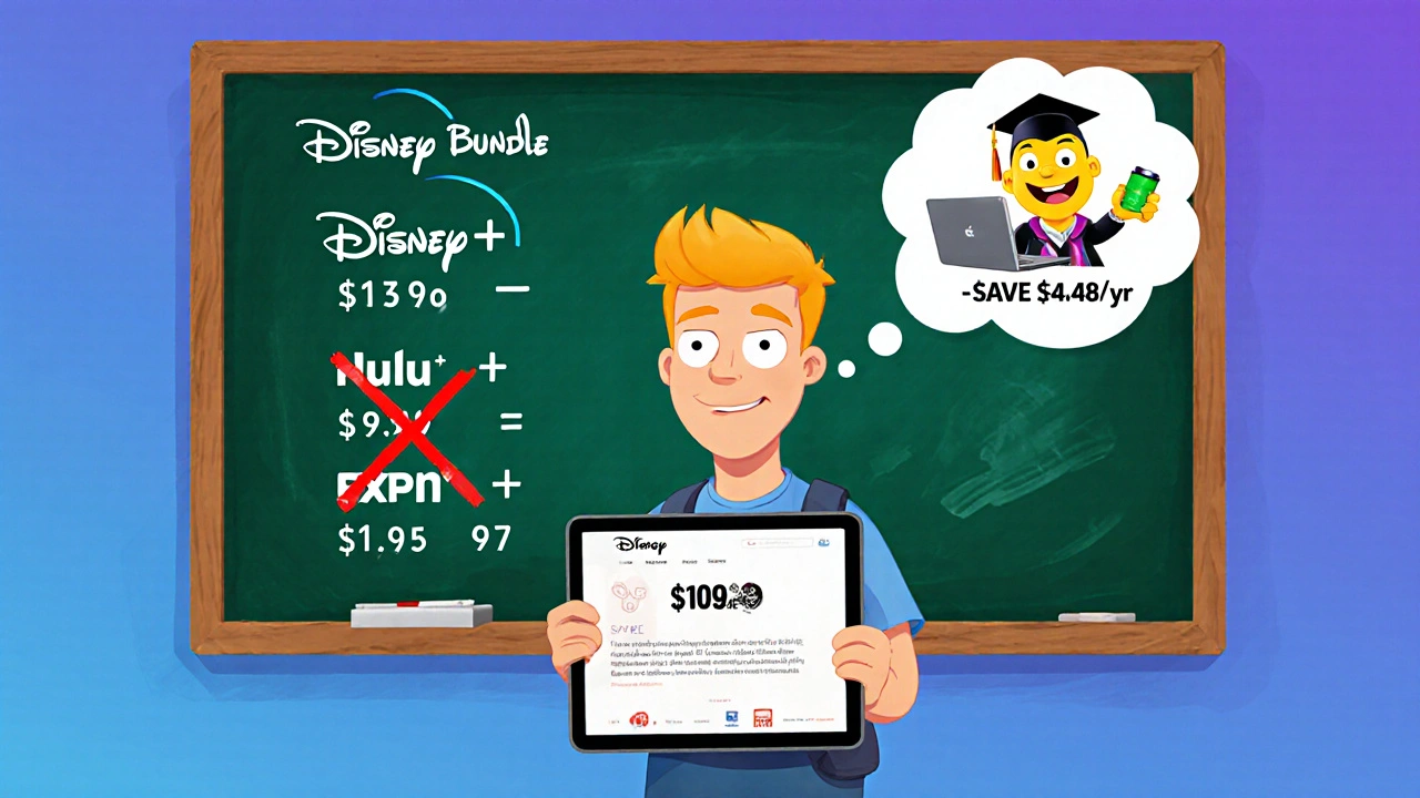 A student holding a tablet showing the Disney Bundle discount with savings calculations.