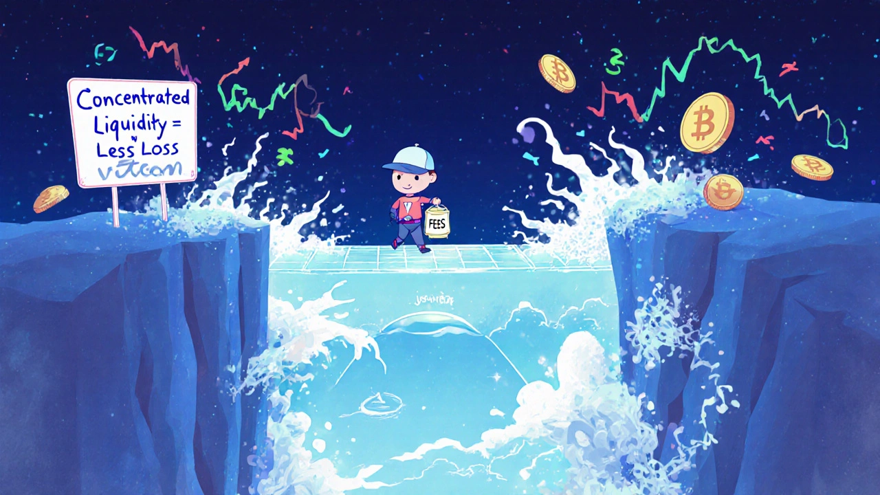 A tiny hero walks a narrow price bridge in a Uniswap V3 pool, avoiding chaotic market swings outside with fees lighting their way.