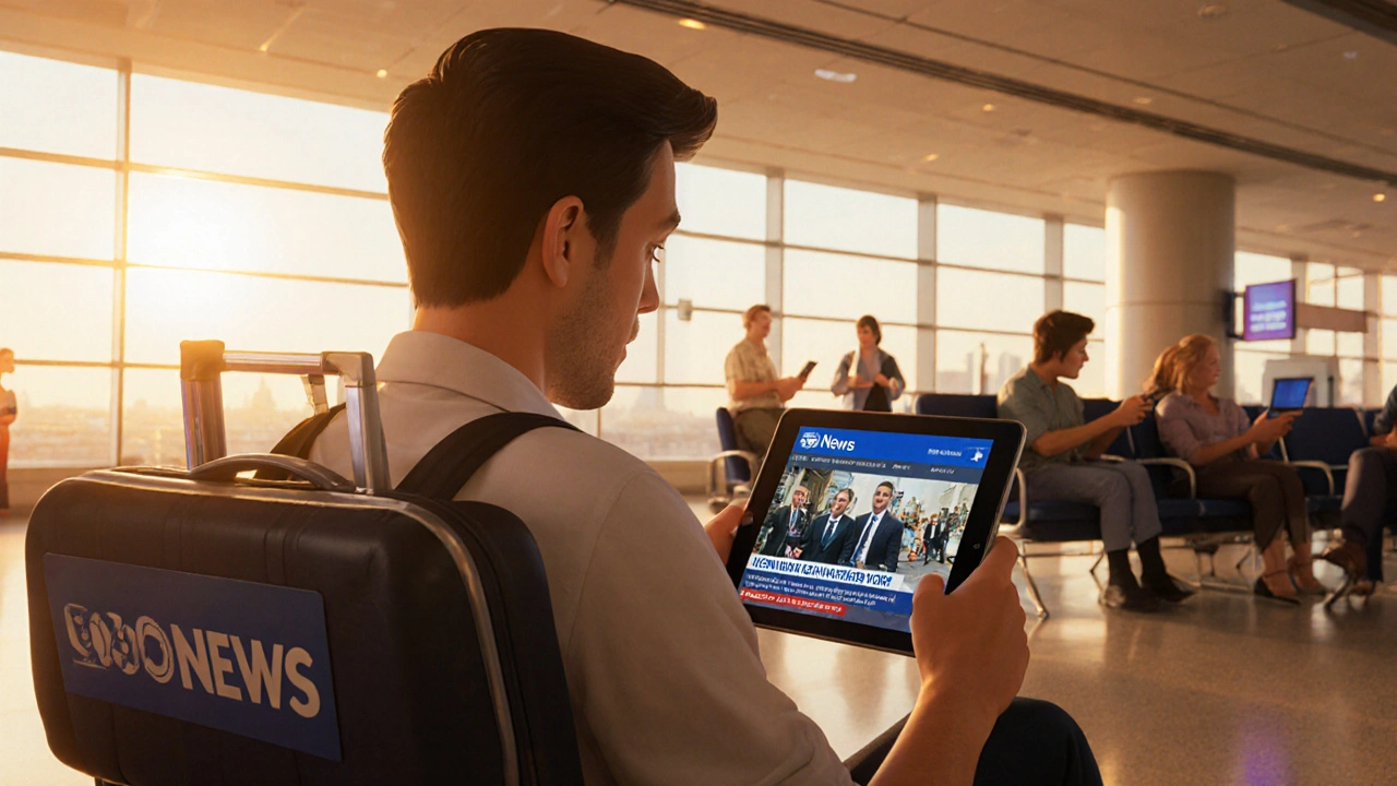 A traveler in an airport watches CBS News on a tablet, suitcase ready, global news playing on screen.