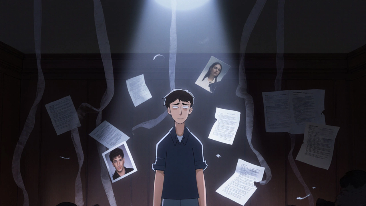 A witness in a courtroom surrounded by floating audio clips and documents.