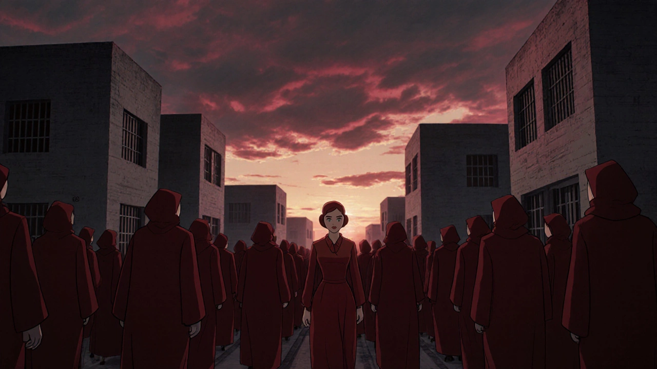 A woman in red walks through a silent crowd under a harsh sky, alone and determined.