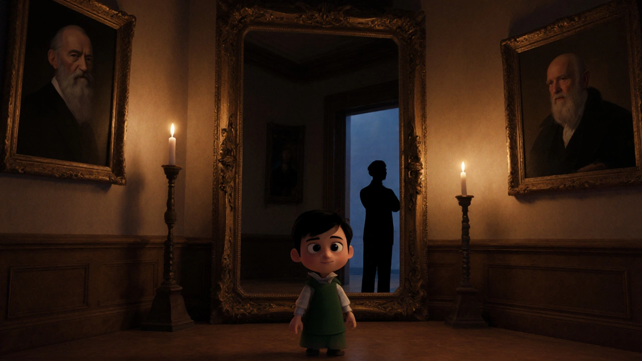A young man stands in a dark hallway, his reflection in a mirror as a shadowy figure watches from behind.