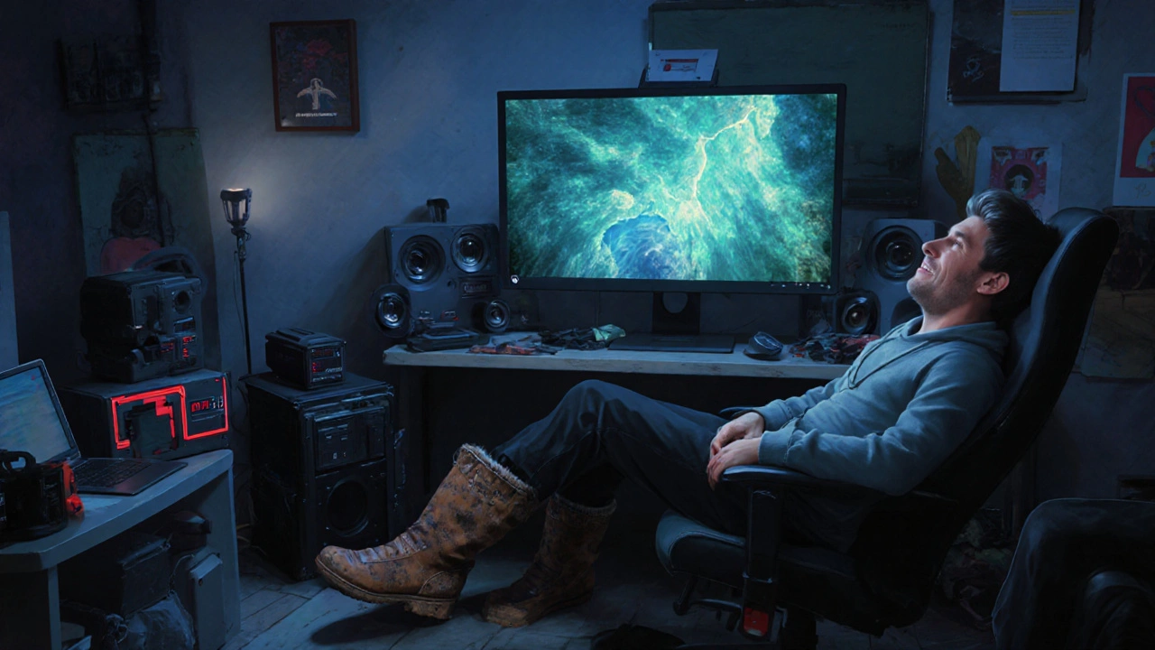 An editing room with a monitor showing bioluminescent ocean footage, RED gear scattered around a tired filmmaker.