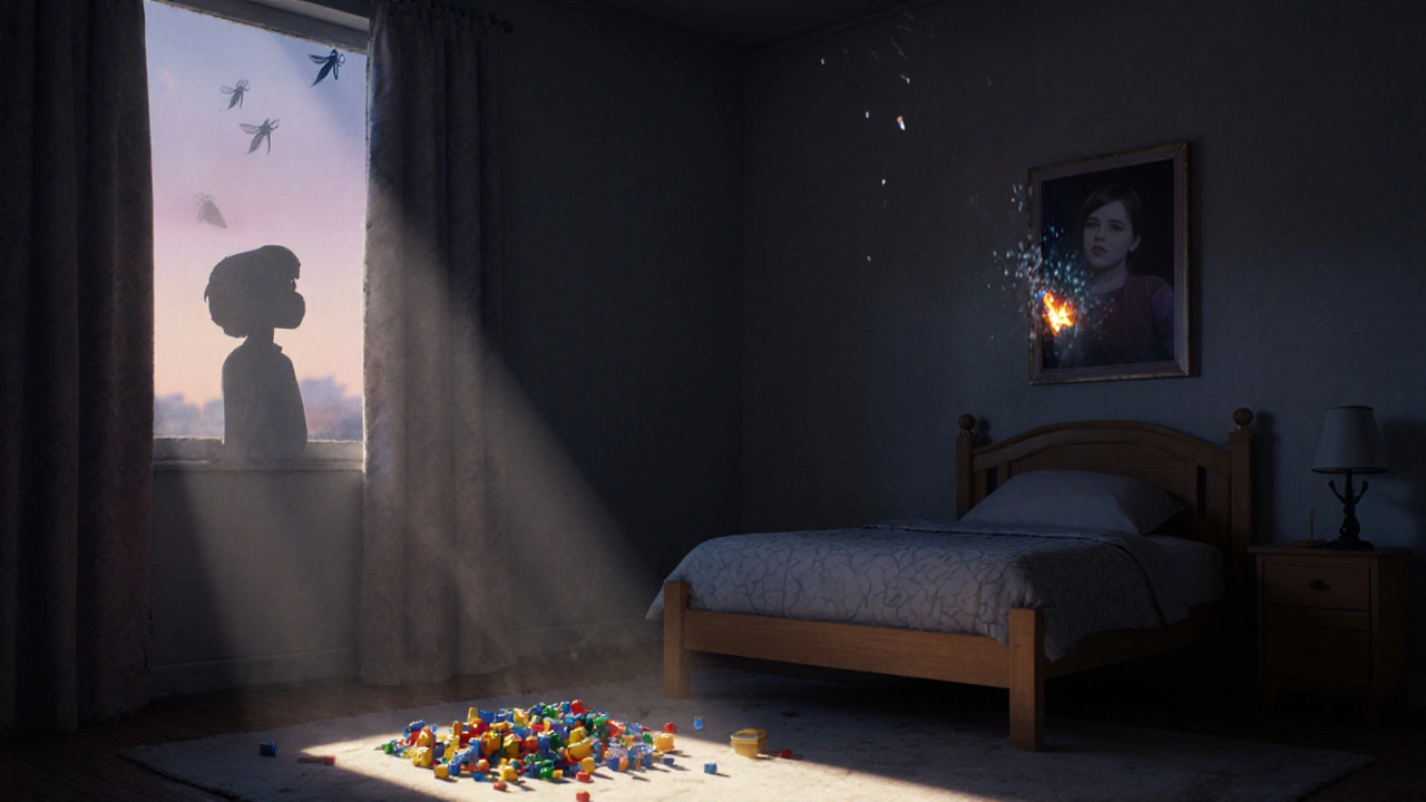 An empty child&#039;s room with a half-finished Lego set and soundwave shadows.