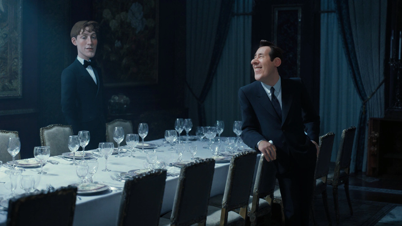 An extravagant dining table with many empty chairs, only six people seated, highlighting isolation amid wealth.