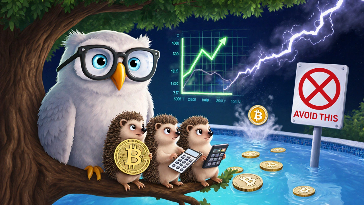 An owl teaches hedgehogs about stablecoin safety while chaotic volatile pools spark lightning in the background.