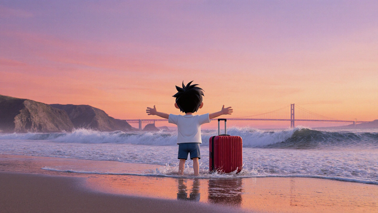Andy on a beach at sunset, arms wide, white shirt wet, suitcase beside him.