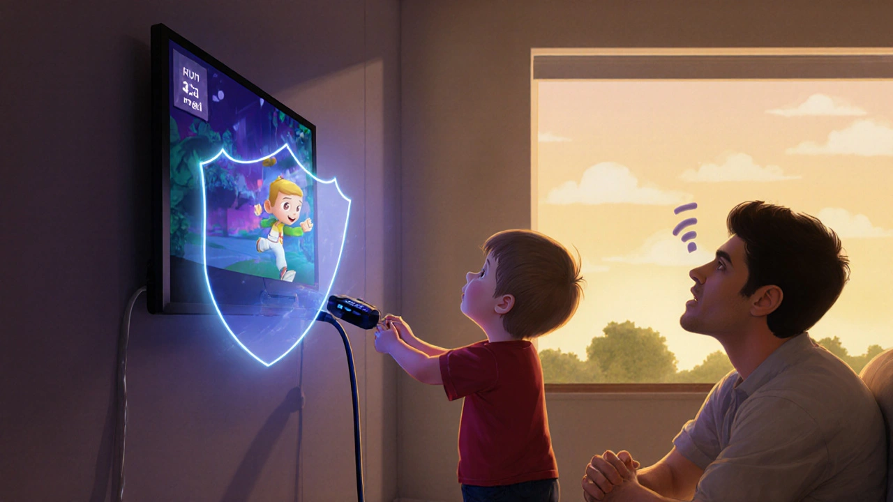 Child connects Ethernet cable as VPN shield protects streaming data from throttled Wi-Fi signal.