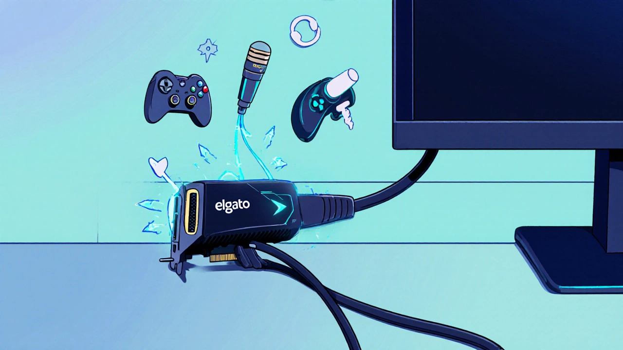 Close-up of a capture card with HDMI cables and audio waves flowing into it, illustrated in friendly Pixar style.